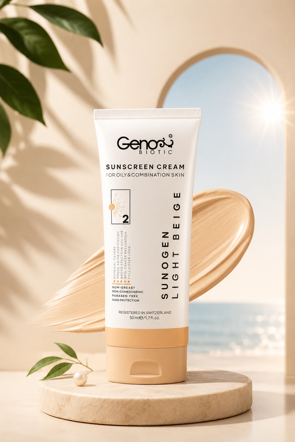 کرم ضد آفتاب رنگی بژ روشن ژنوبایوتیک (SPF50) حجم ۵۰ میلی لیتر