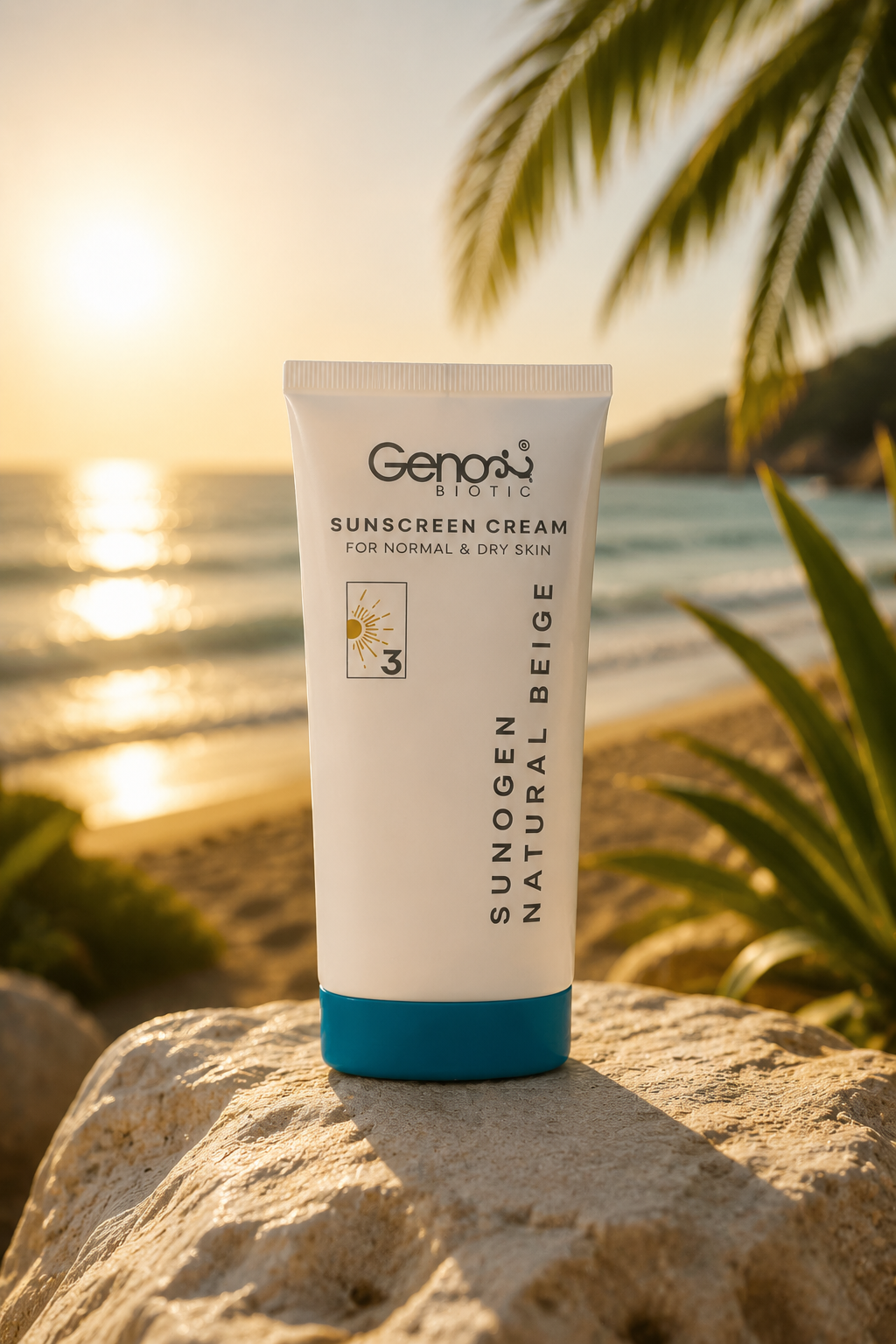 کرم ضد آفتاب بژ طبیعی  ژنوبایوتیک SPF50+ برای پوست های خشک و معمولی شماره ۳